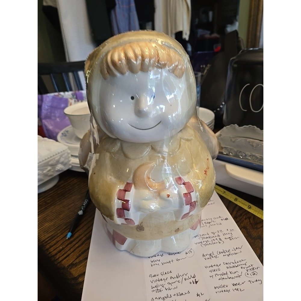 NEW Vintage Design Pac Angel Cookie Jar Beige Red Plaid Heart Wings